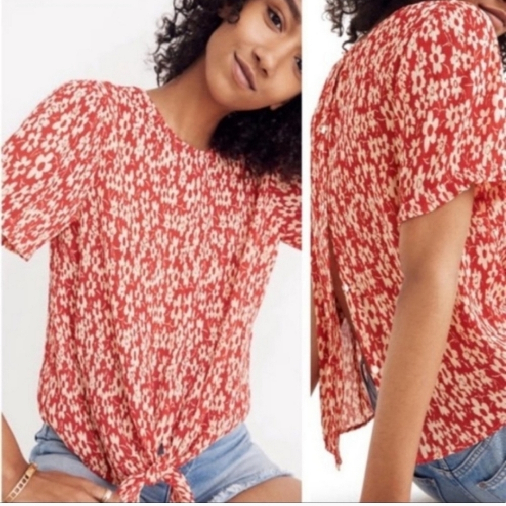Madewell Red floral crinkle button back top